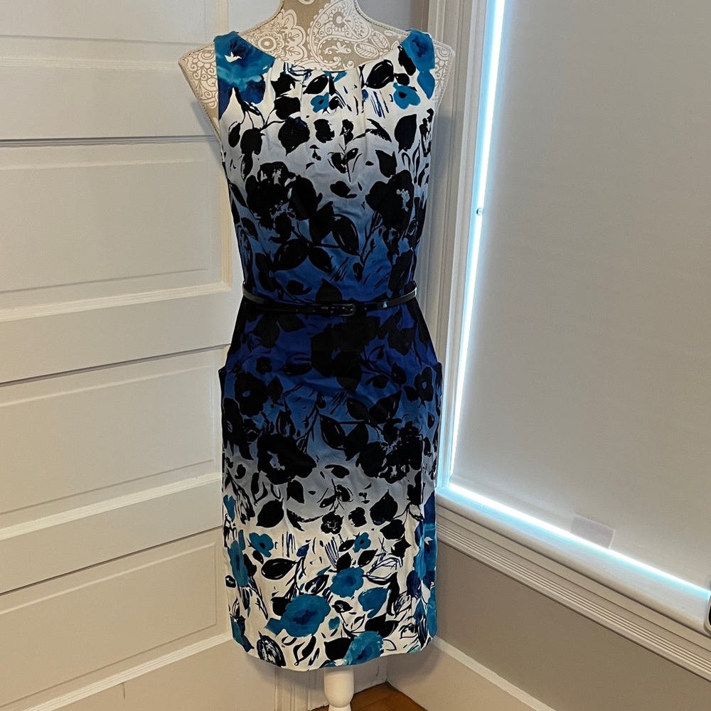 Size 6 Nine West Floral Sleeveless Dress - Blue Black White